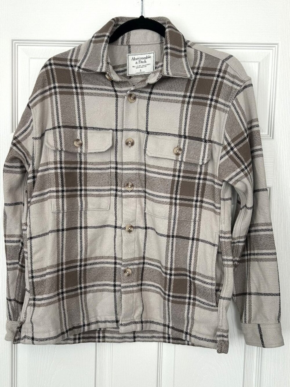 Abercrombie Fitch Overshirt Mens Small Heavyweight Cream Brown Plaid Shacket
